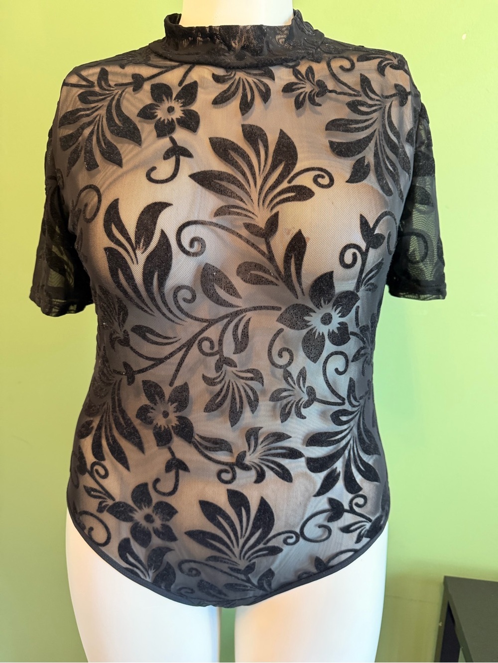 Sheer Black Burnout Floral Mesh Bodysuit Top size L/XL
